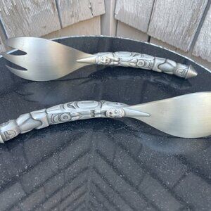Totem-Style Decorative Salad Servers Silver-Tone Metal